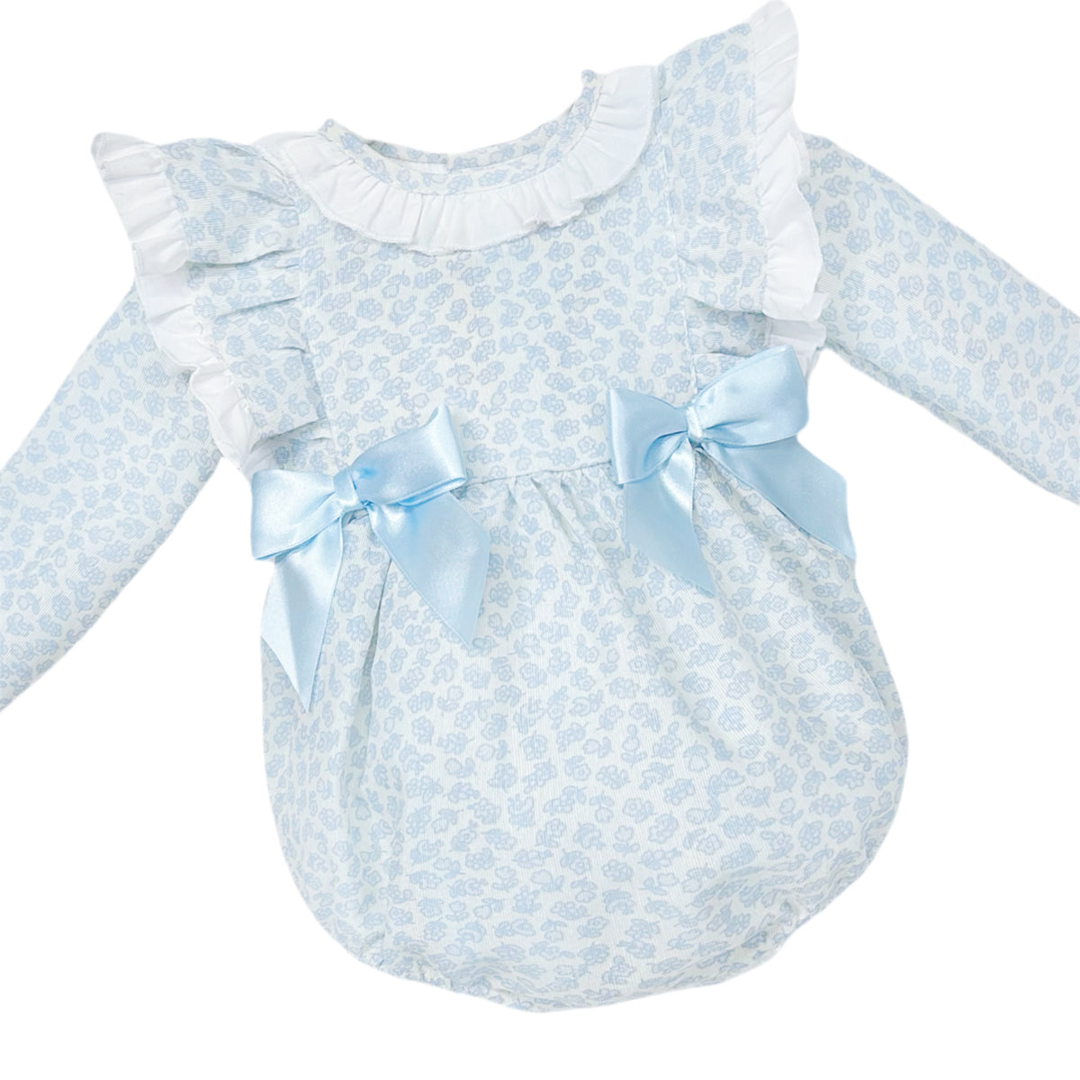 Baby Girls Blue Floral Romper with Shoulder Frills