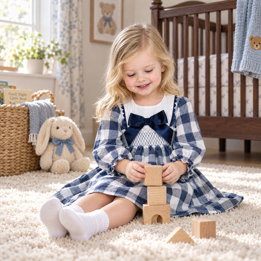 Baby Girls Navy Checked Smocked Puff Dress With Pants