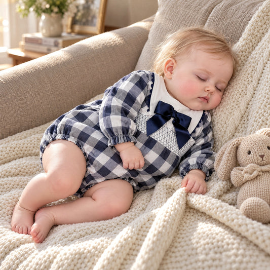 Baby Girls Navy Checked Smokced Romper