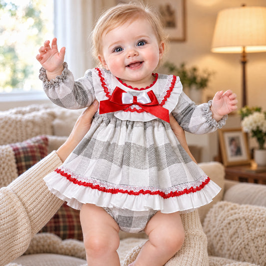 Baby Girls Red Grey Checked Puff Dress With Pants