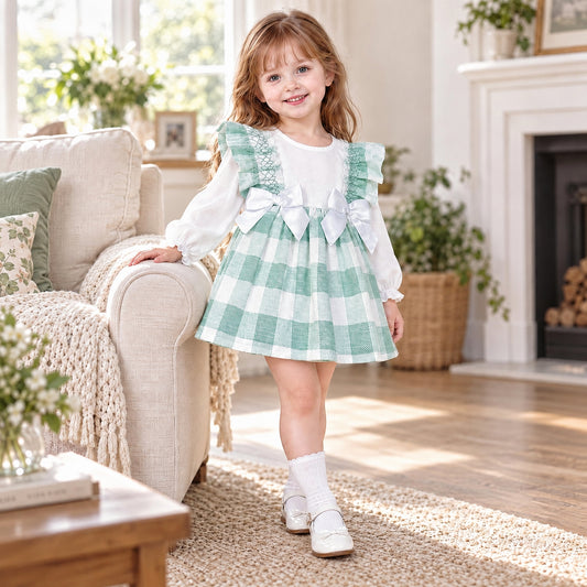 Baby Girls Green Checked Puff Dress With Pants