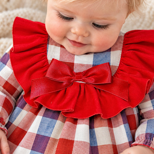 Baby Girls Red Checked Big Collar Dress With Pants