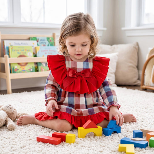 Baby Girls Red Checked Big Collar Dress With Pants
