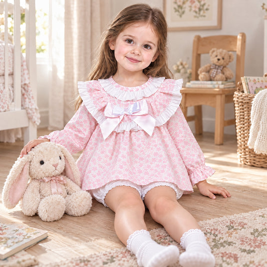 Baby Girls Pink Floral Large Collar Dress & Pants