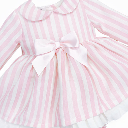 Pink and white striped baby dress with satin waist bow