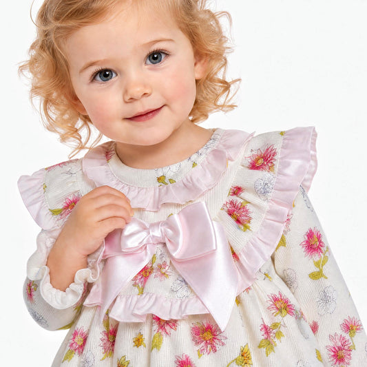 Baby Girls Pink/cream Floral Frilly Neck Dress With Pants