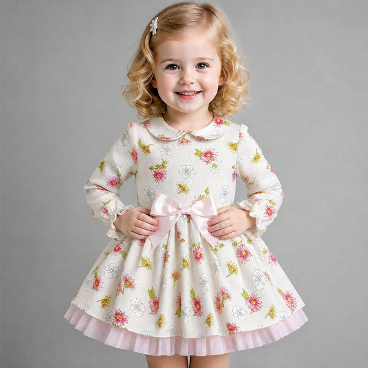Baby Girls Pink/cream Floral Puff Ball Dress With Pants