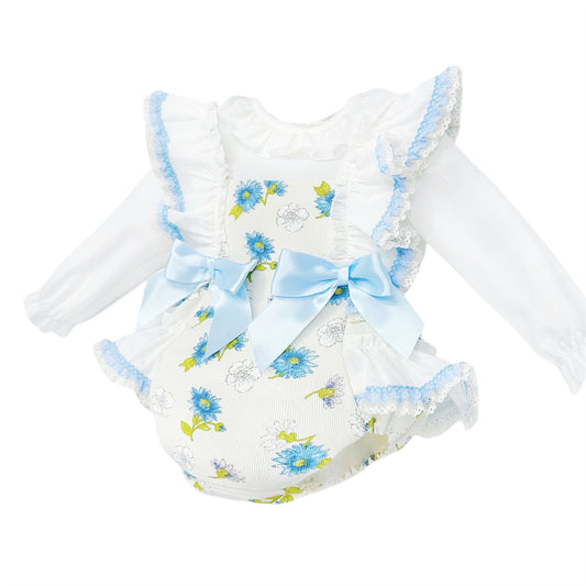 Baby Girls Blue Floral Dungaree and Blouse Set