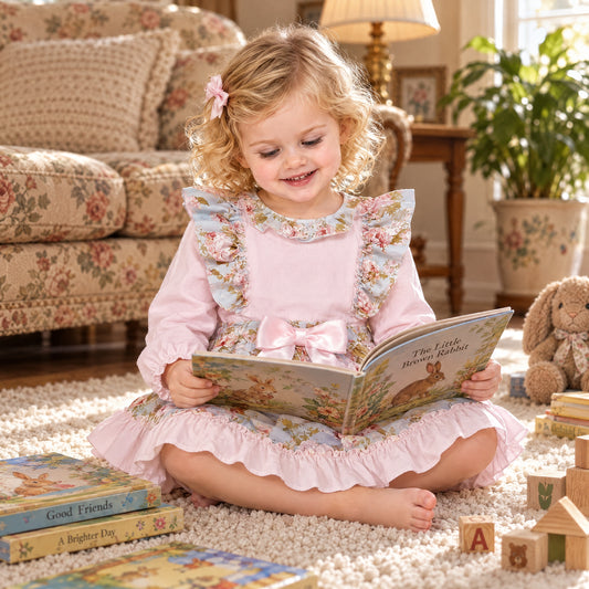 Baby Girls Pink Floral Frilly Shoulder Shirt With Skirt