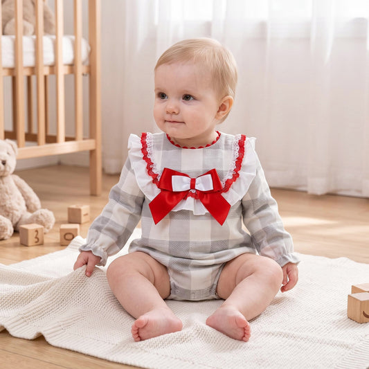 Baby Girls Red Grey Checked Romper