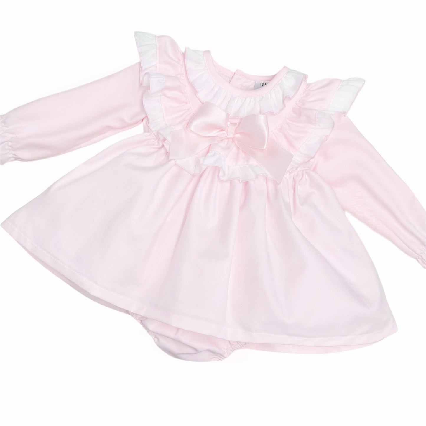 Baby girls pale pink ruffle dress and matching pants, alternate view