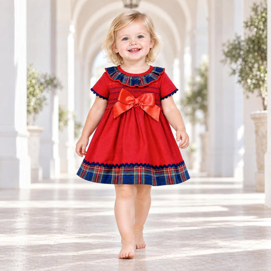 Baby Girls Red Smocked Tartan Trim Dress and Pants Set