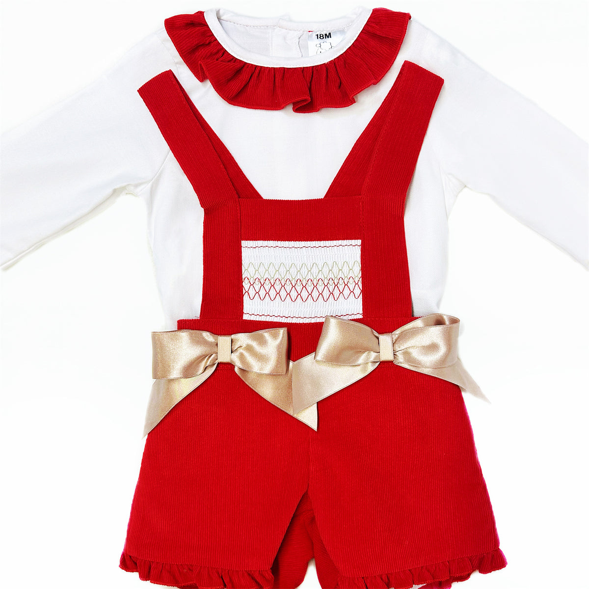 Baby Girls Red Smocked Dungaree Shorts and Blouse