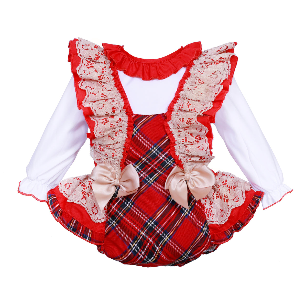 Baby Girls Red Tartan Lace Brace Pants and Blouse