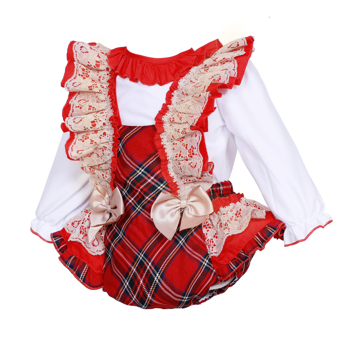 Baby Girls Red Tartan Lace Brace Pants and Blouse