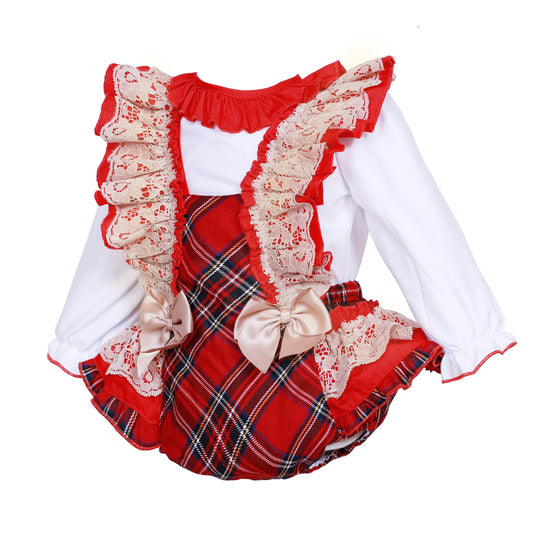 Baby Girls Red Tartan Lace Brace Pants and Blouse