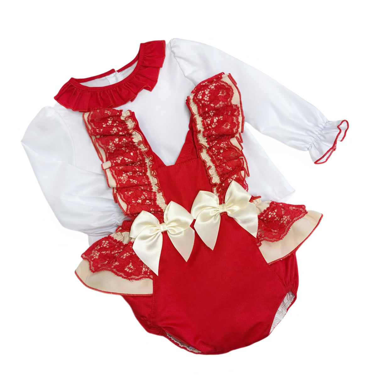Baby Girls Red Lace Frill Brace Pants Set