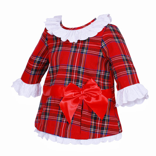Baby Girls Red Tartan Bow Dress with White Frills