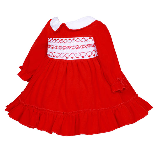 Girls Red Smocked Dress with Frilled Hem