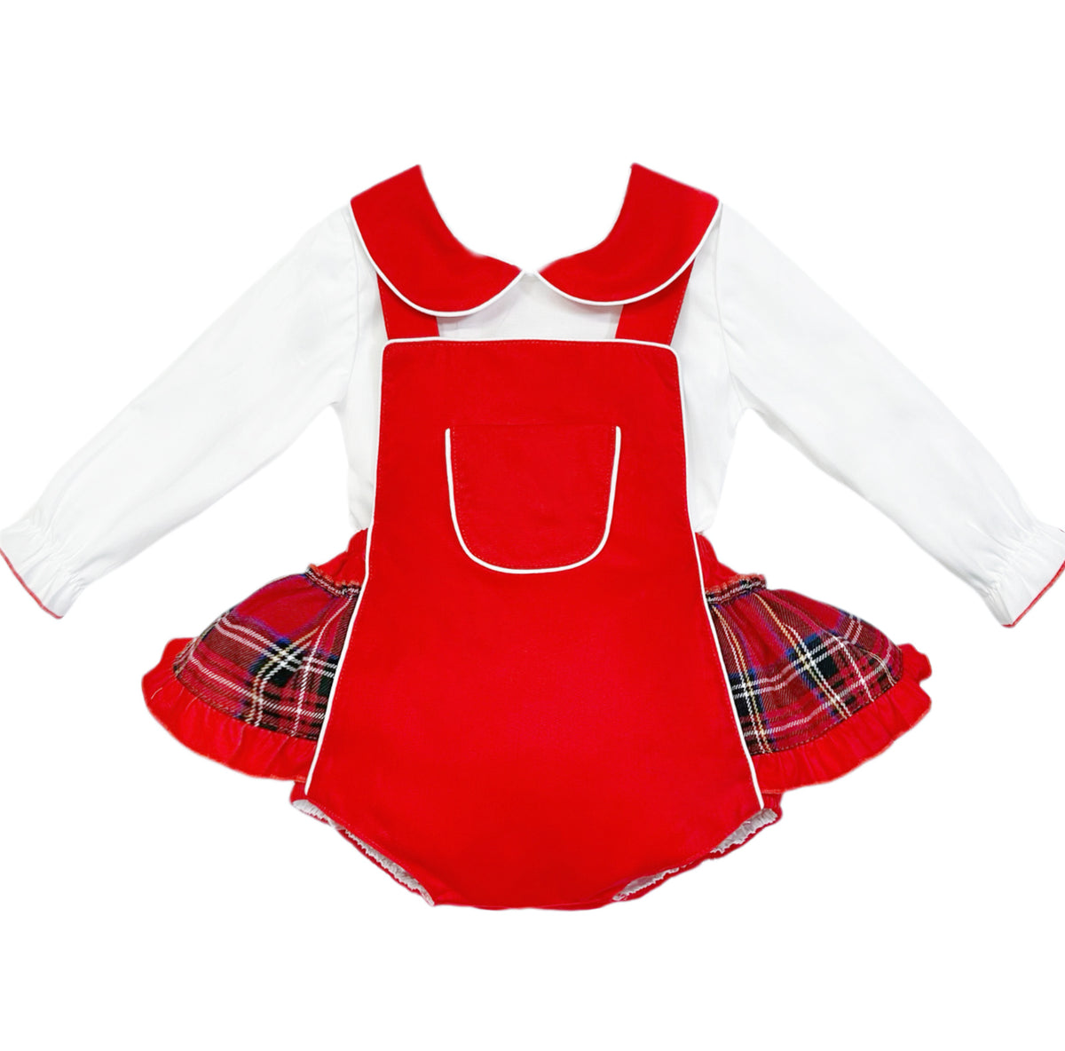 Baby Girls Red Tartan Frill Brace Pants and Shirt Set