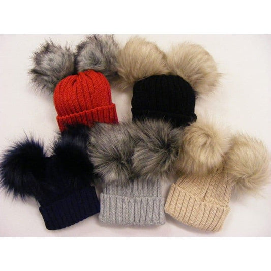 Baby Beige Double Faux Fur Pom Hat Ribbed Knit