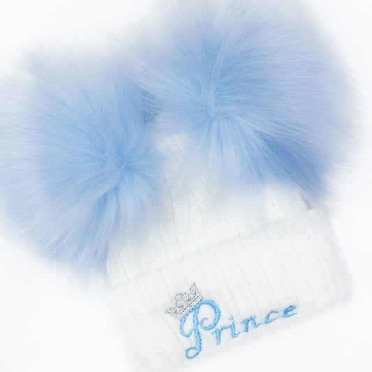 Baby Boys Blue Double Faux Fur Pom Hat Prince Embroidery