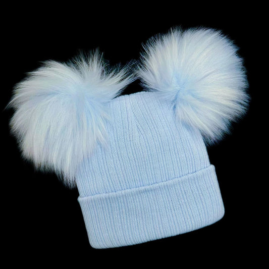 Baby Boys Blue Double Faux Fur Pom Hat Ribbed Knit