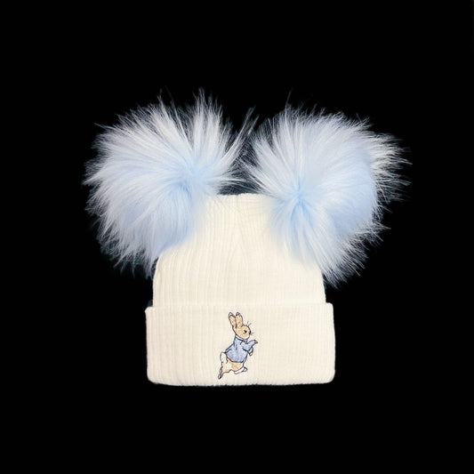 Baby Boys White with Blue Double Faux Fur Pom Hat Bunny Embroidery