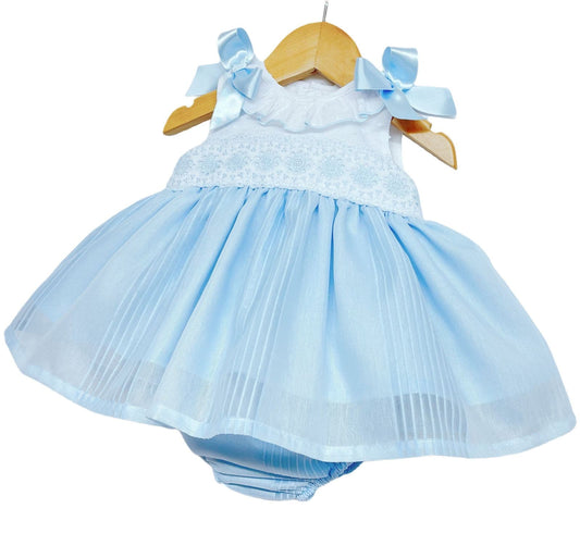 Baby Girl Blue Puff Dress with Pants Satin Bows "MYD2204 Blue"