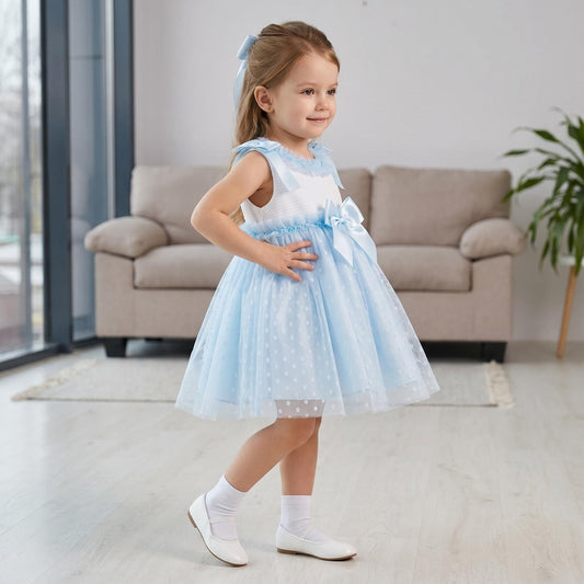 Baby Girl Blue Tulle Mesh Dress Satin Bow "2508 Blue"