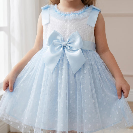 Baby Girl Blue Tulle Mesh Dress Satin Bow "2508 Blue"