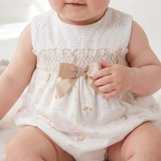 Baby Girl Camel Teddy Print Smocked Romper "MYD26037"