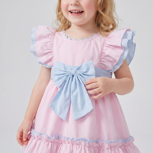 Baby Girl Cotton Pink with Blue Puff Ball Dress "2614"
