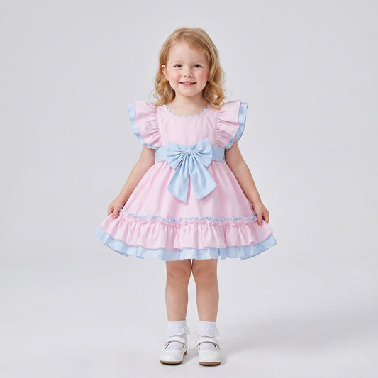 Baby Girl Cotton Pink with Blue Puff Ball Dress "2614"