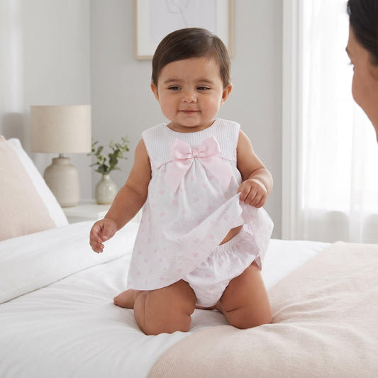 Baby Girl Pink Bow Print Dress with Pants "MYD26026"