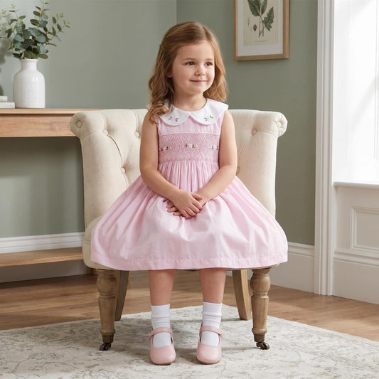 Baby Girl Pink Cotton Hand Smocked Petal Collar Dress "2514"