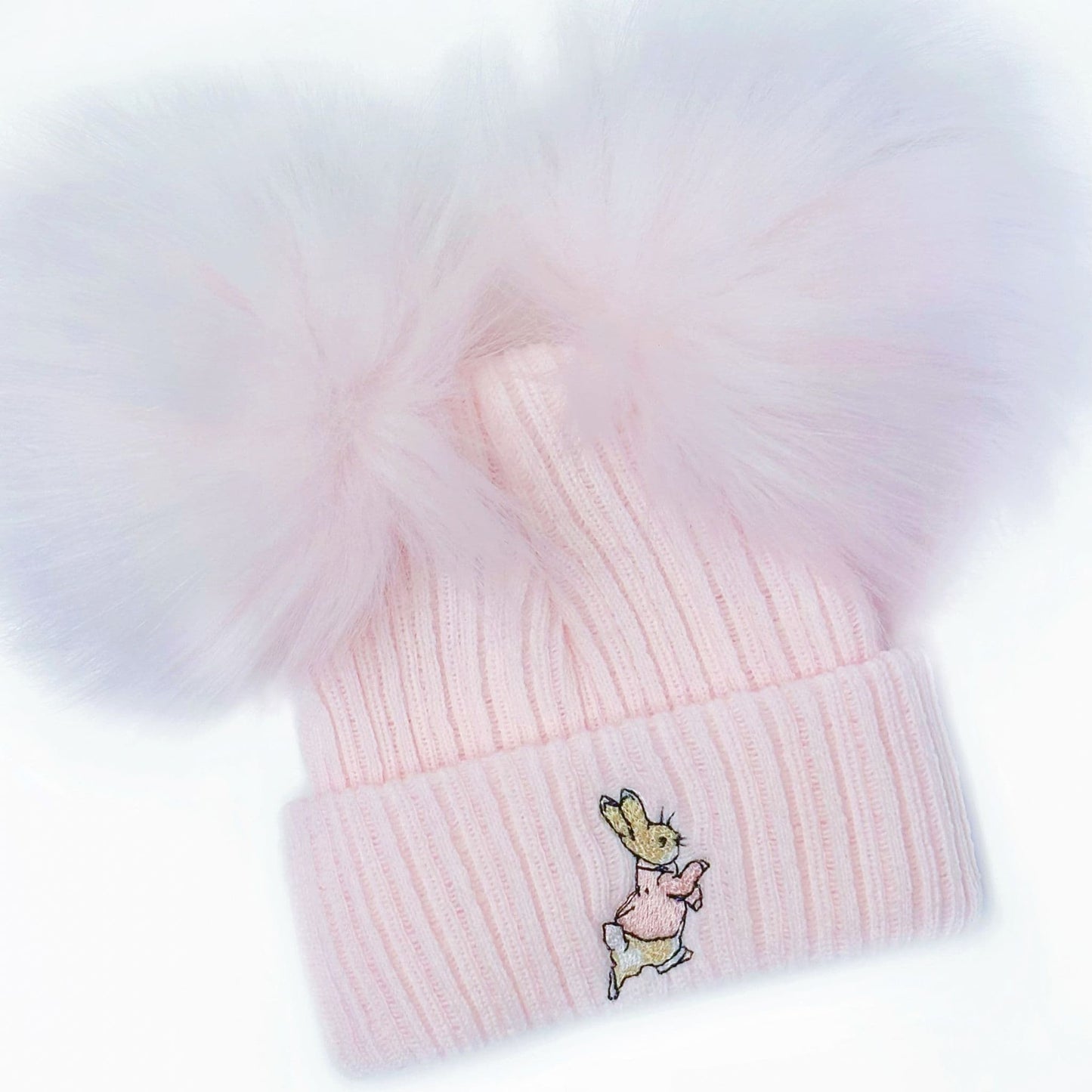 Baby Girls Pink Double Faux Fur Pom Hat Bunny Embroidery