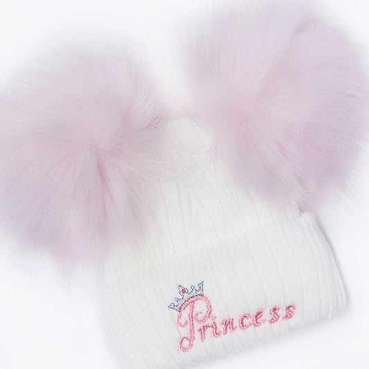 Baby Girls Pink Double Faux Fur Pom Hat Princess Embroidery
