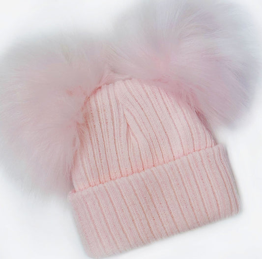 Baby Girls Pink Double Faux Fur Pom Hat Ribbed Knit