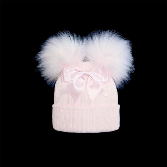 Baby Girls Pink Double Faux Fur Pom Hat with Bow