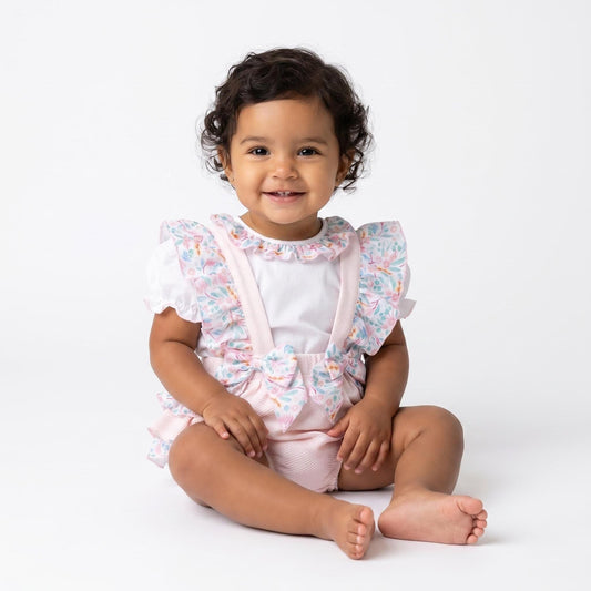Baby Girl Pink Floral Waffle Frilly Bottom Romper with Shirt "2615"
