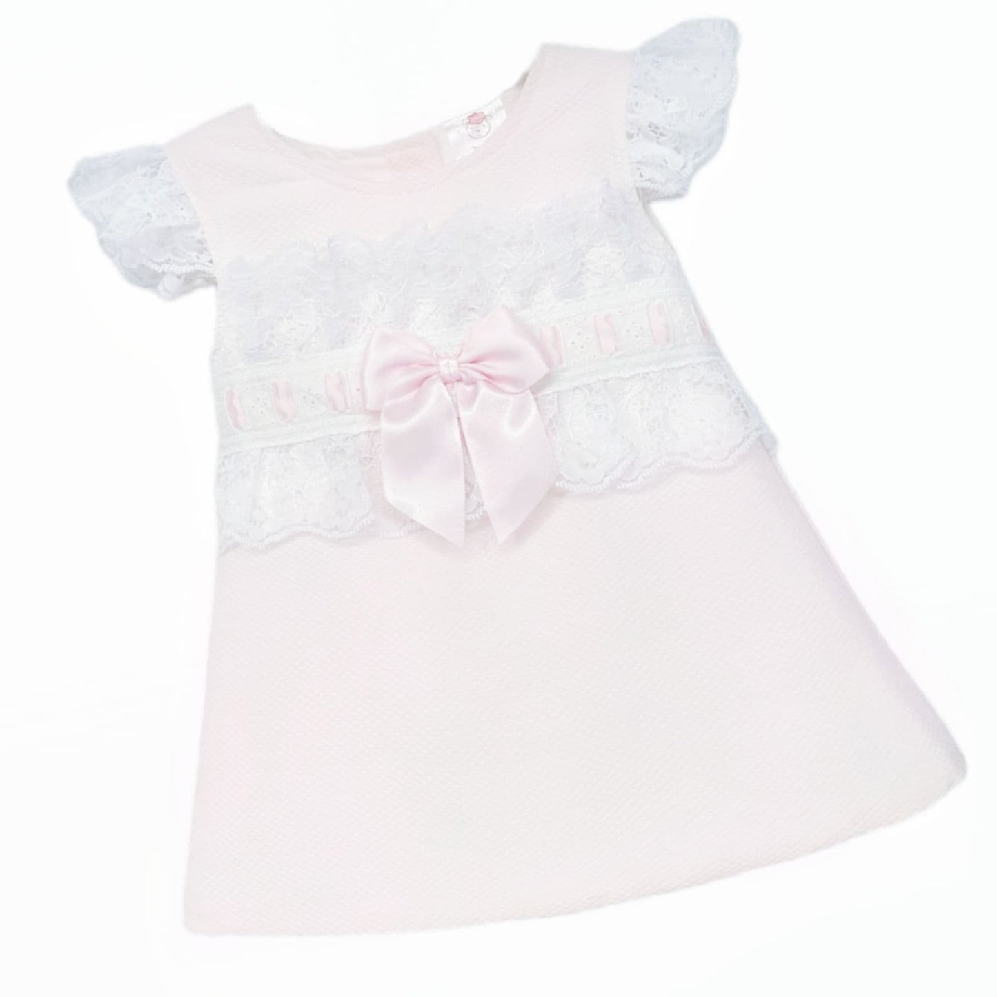 Baby Girl Pink Waffle A Line Lacey Dress Satin Bow "2518 Pink"