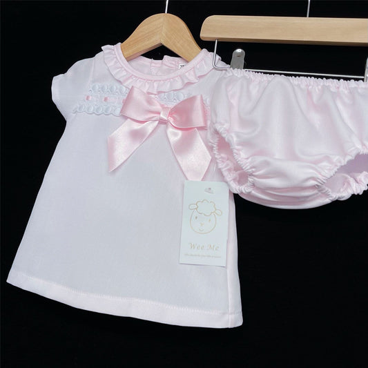 Baby Girl Spanish Pink A Line Dress Ribbon Insert Lace Satin Bow Pants Set "MYDA603"