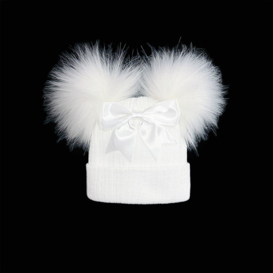 Baby Girls White Double Faux Fur Pom Hat with Bow