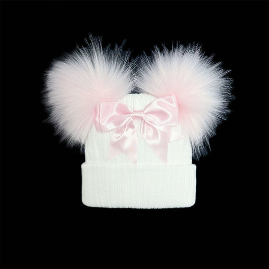 Baby Girls White Double Faux Fur Pom Hat with Pink Bow