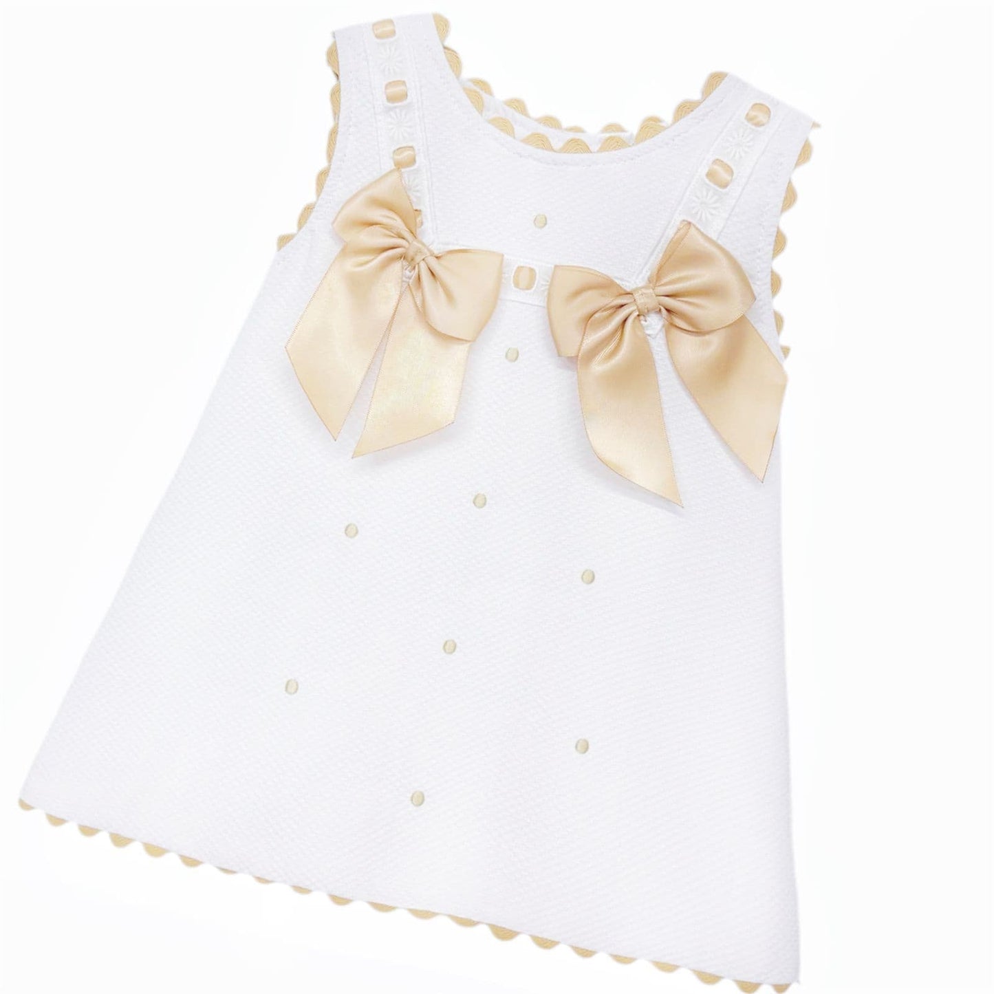 Baby Girl White Waffle Cotton Dress with Camel Bow "8602 C"
