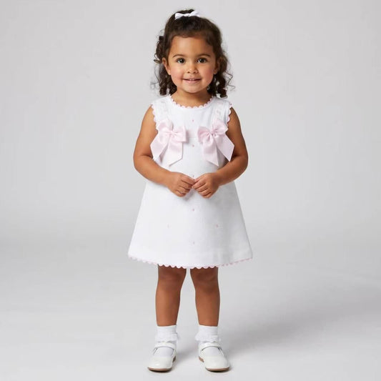Baby Girl White Waffle Cotton Dress with Pink Bow "8602 WP"