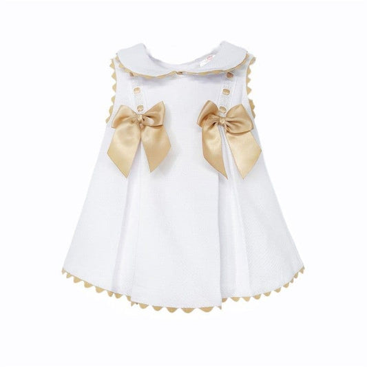Baby Girl White Waffle Dress with Camel Satin Bows "2602 C"