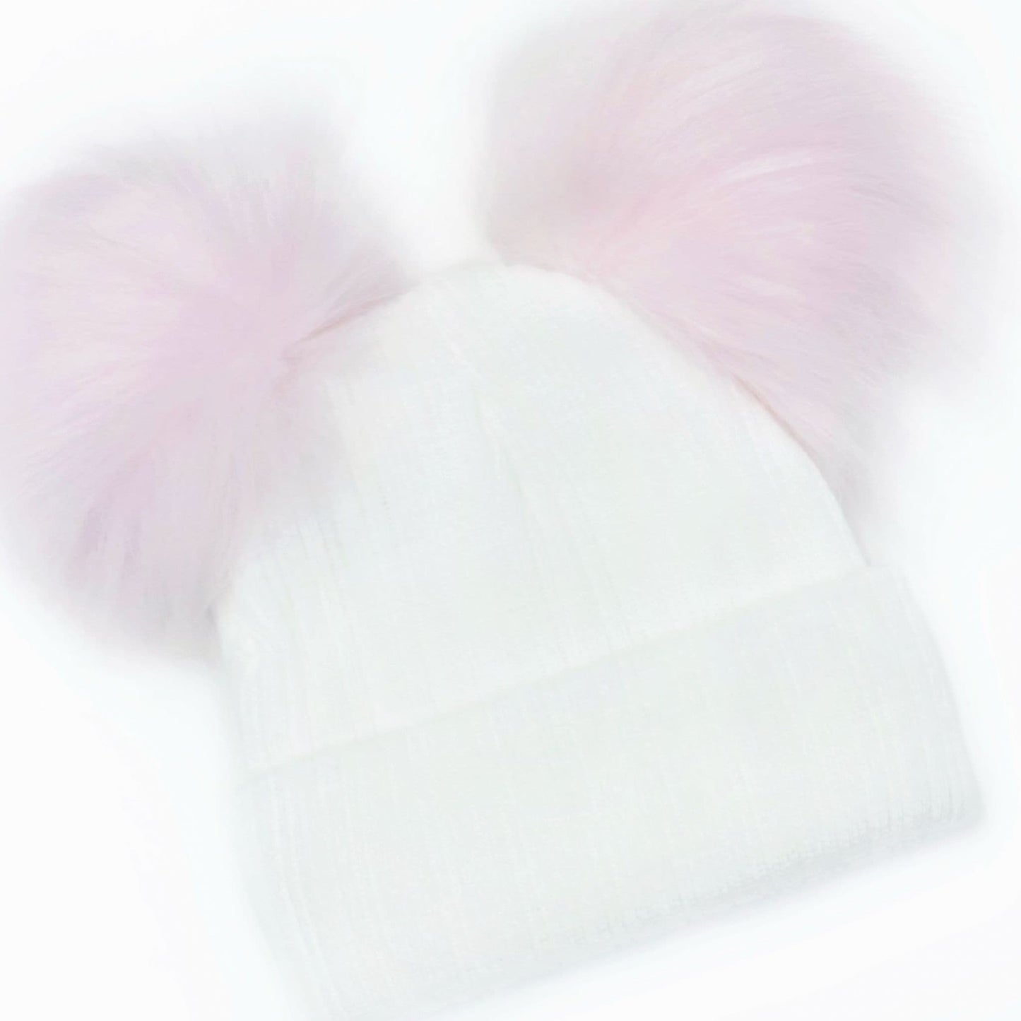 Baby Girls White with Pink Double Faux Fur Pom Hat Ribbed Knit