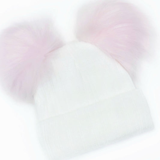 Baby Girls White with Pink Double Faux Fur Pom Hat Ribbed Knit